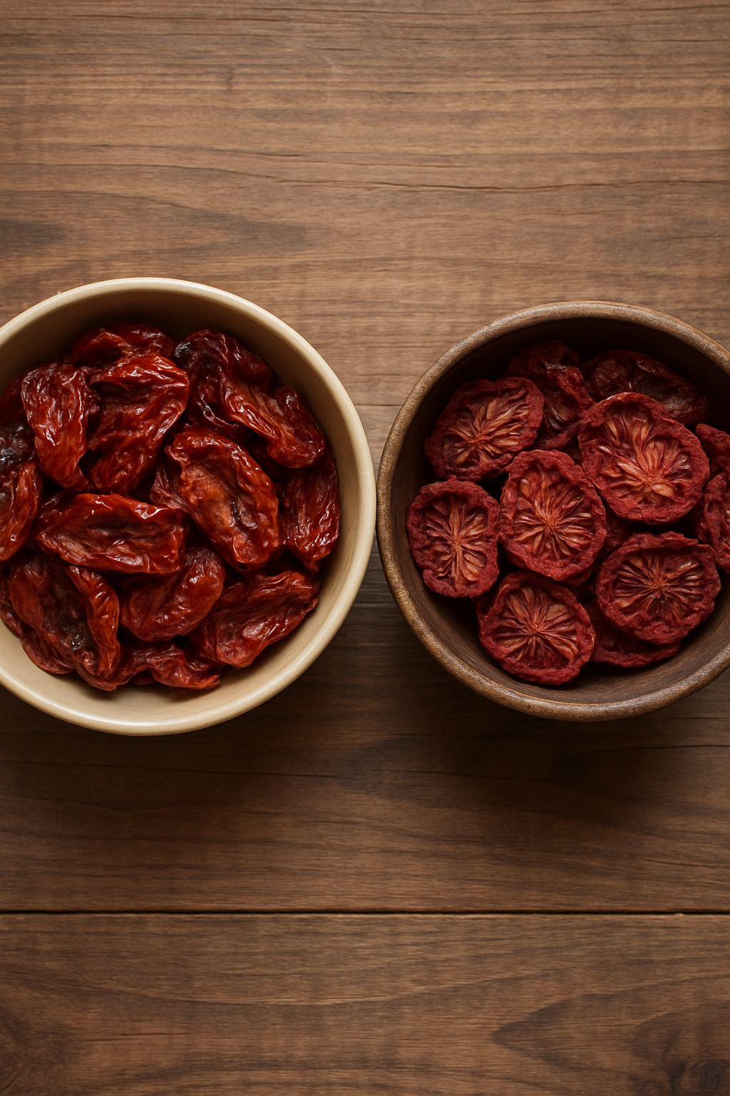 Bowls of sun-dried tomatoes on a wooden surface.
