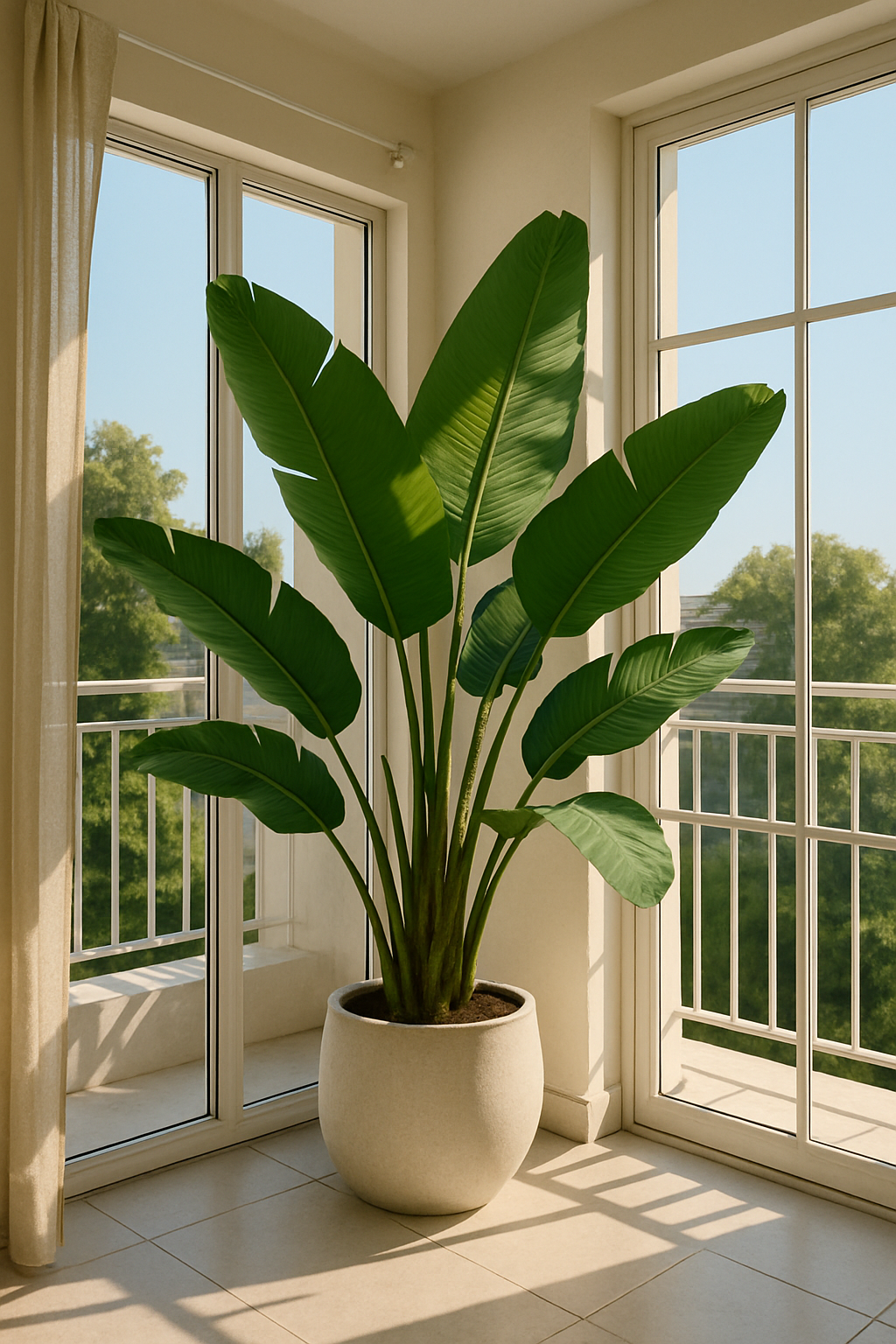 A Bird of Paradise plant with large green leaves in a bright room next to a window.