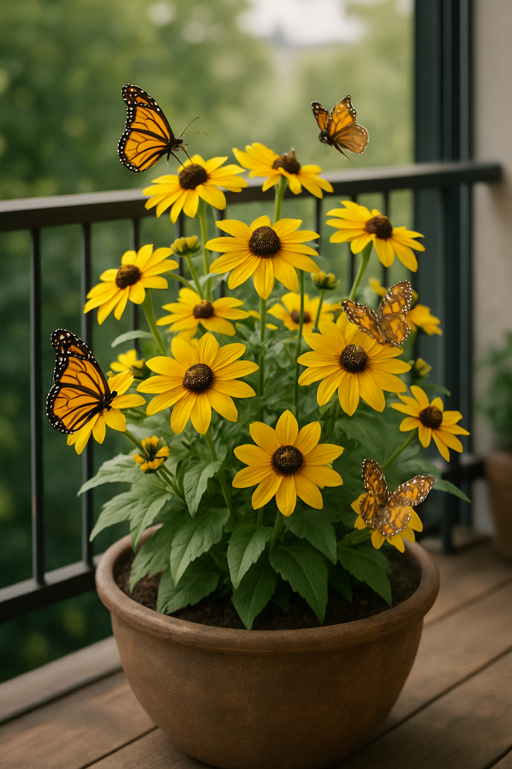 A pot of vibrant Black-Eyed Susans with butterflies fluttering around.