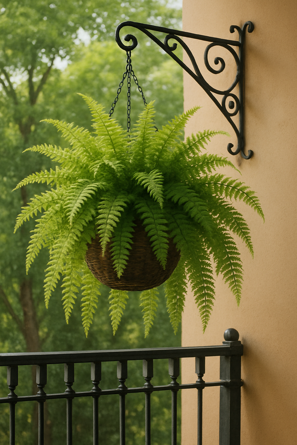 A lush Boston fern hanging in a woven basket on a balcony, with greenery in the background.