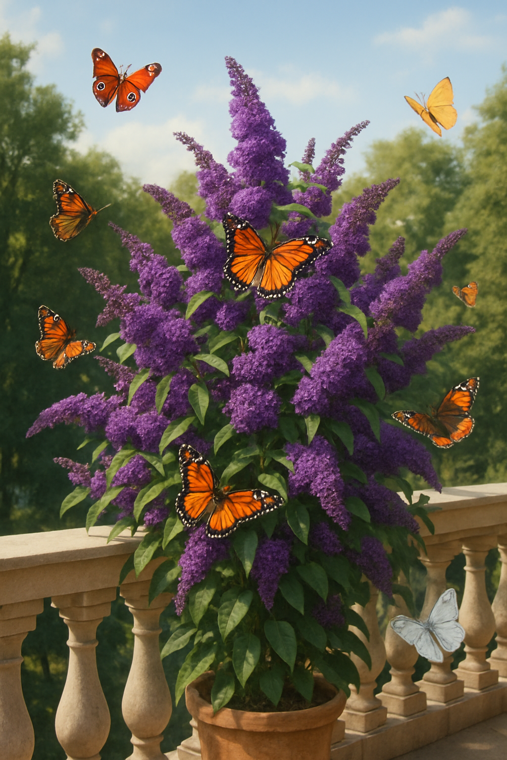 A butterfly bush in bloom with butterflies fluttering around it on a balcony.