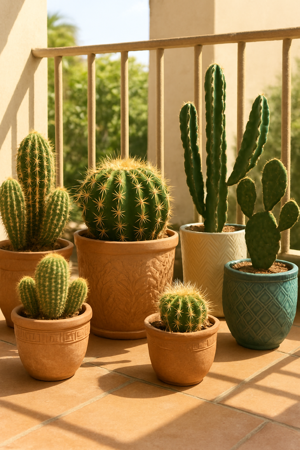 A variety of cacti in terracotta and decorative pots on a balcony