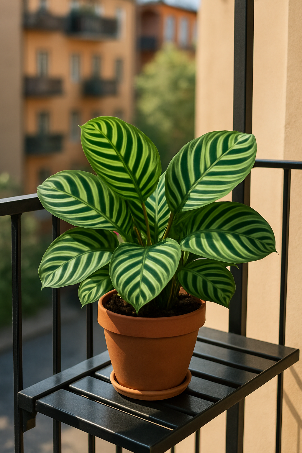A vibrant Calathea plant with striking green striped leaves on a balcony.