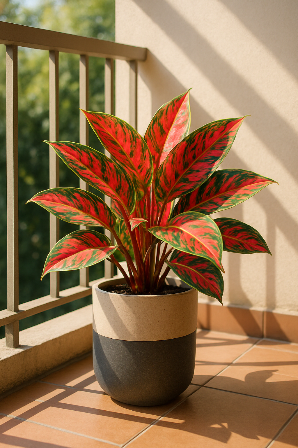 A vibrant Chinese Evergreen plant with red and green leaves in a modern pot, placed on a balcony.