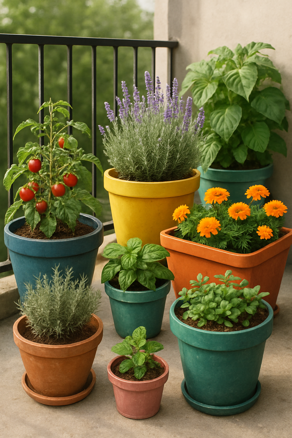 A variety of colorful pots with plants on a balcony, including tomatoes, lavender, and marigolds.