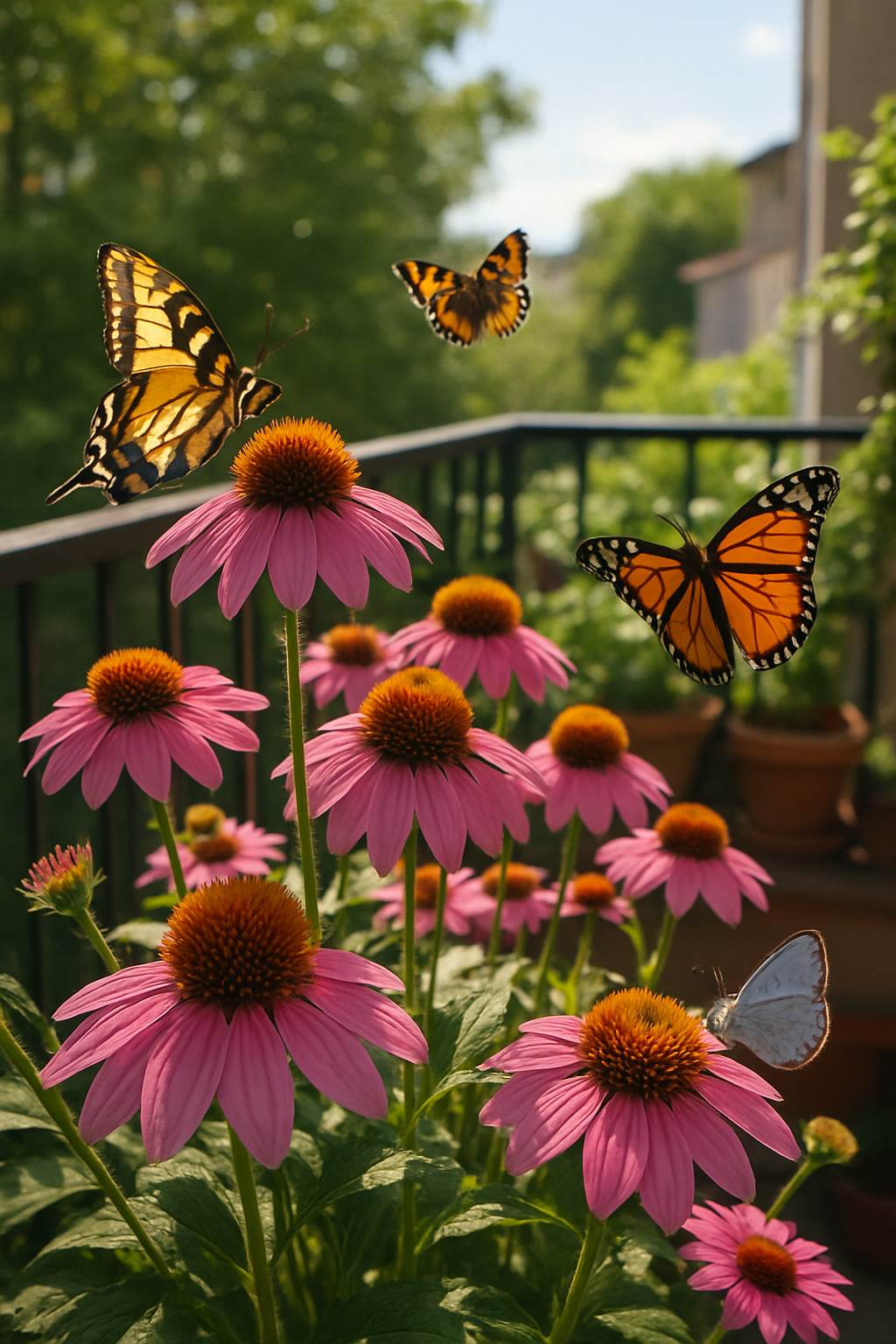 A vibrant display of coneflowers with butterflies fluttering around.