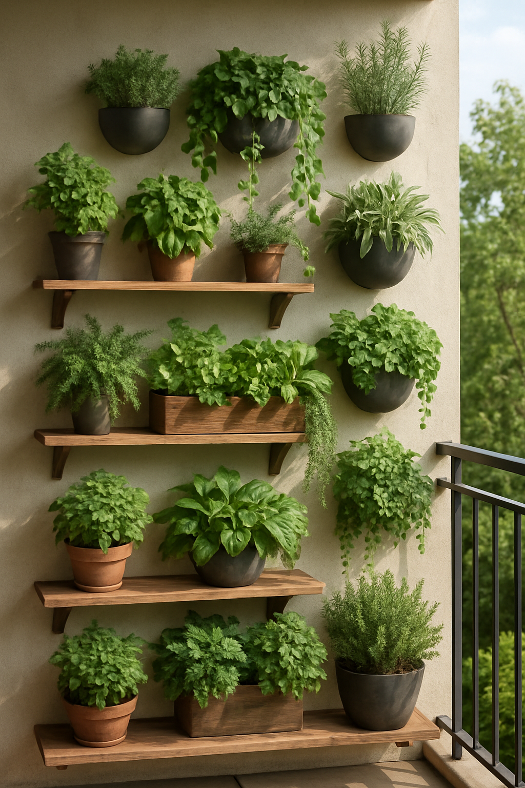 A vertical garden with various herbs and plants arranged on wall-mounted shelves and pots.