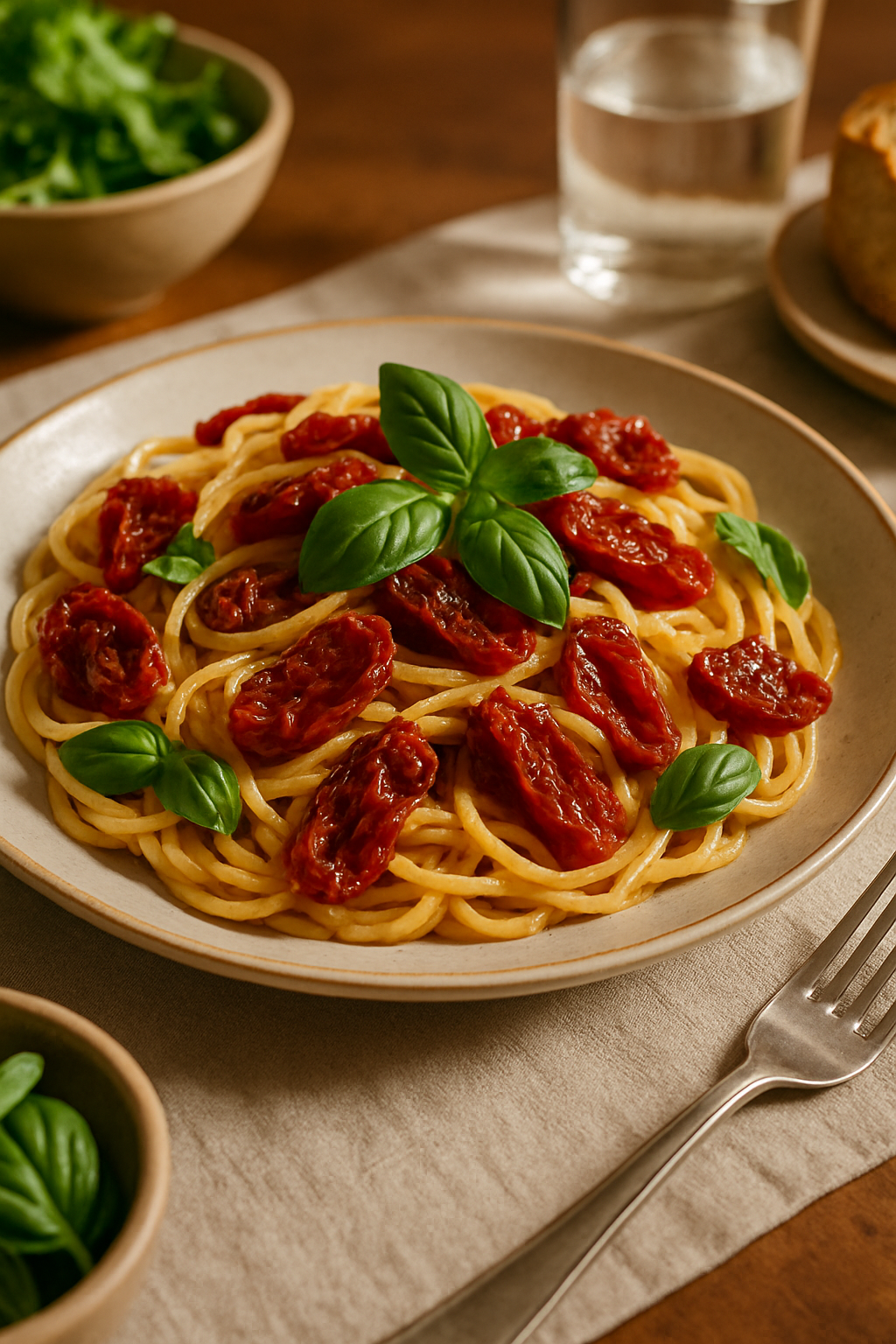 A plate of spaghetti topped with sun-dried tomatoes and fresh basil.