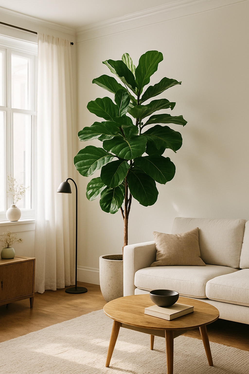 A Fiddle Leaf Fig plant in a cozy living room setting with a light sofa and wooden coffee table.