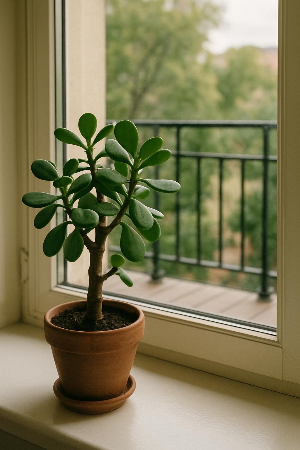 A jade plant in a terracotta pot sitting on a windowsill with a view of a balcony.