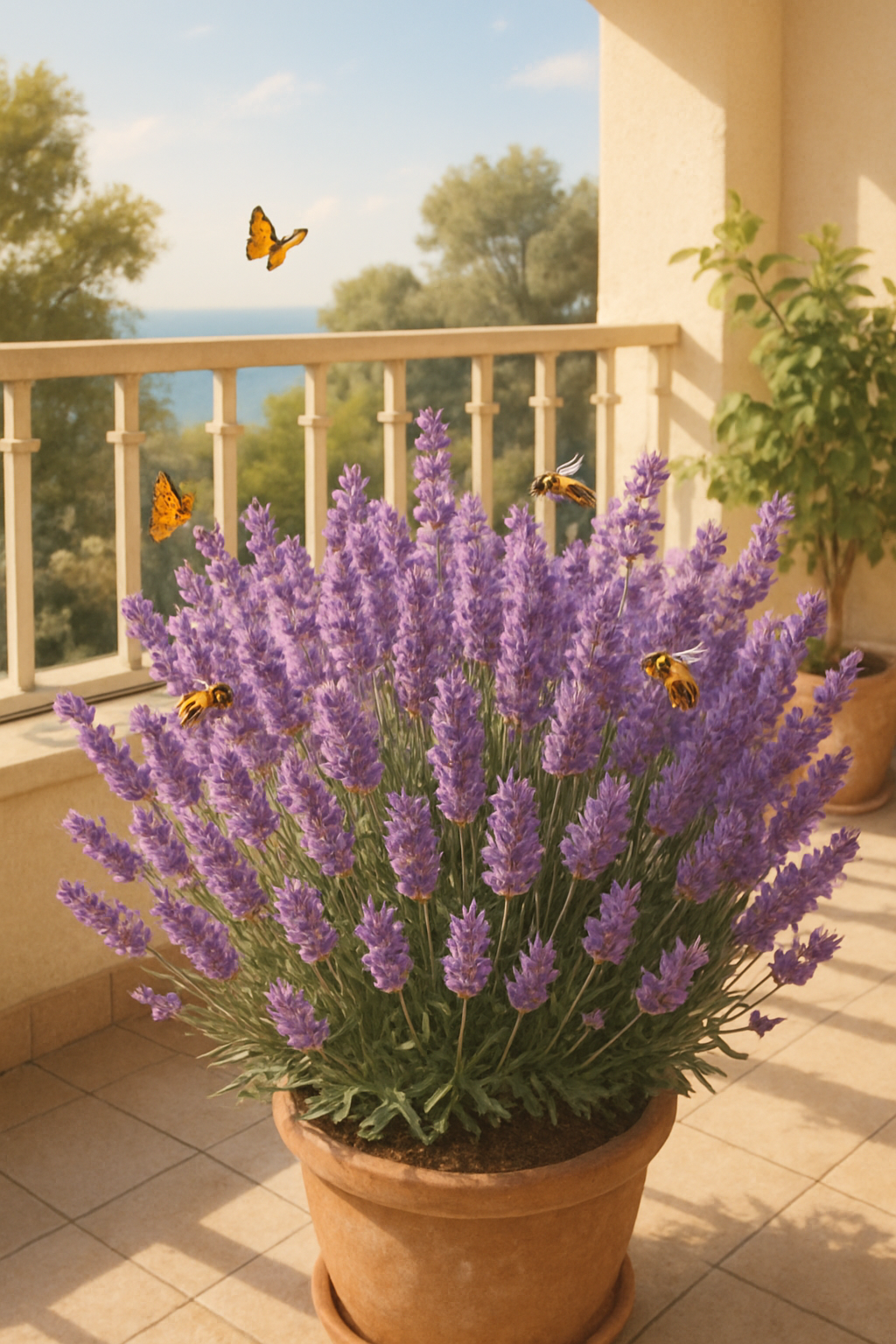 Lavender plant with butterflies and bees in a balcony garden