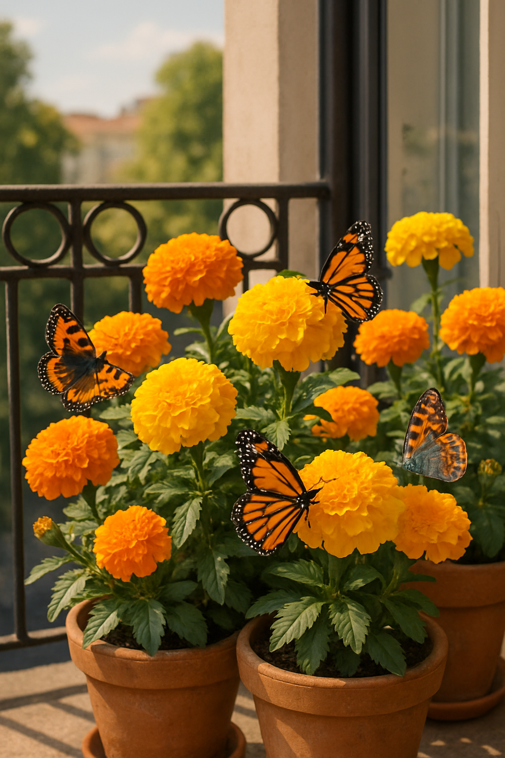 A balcony garden with marigolds and butterflies
