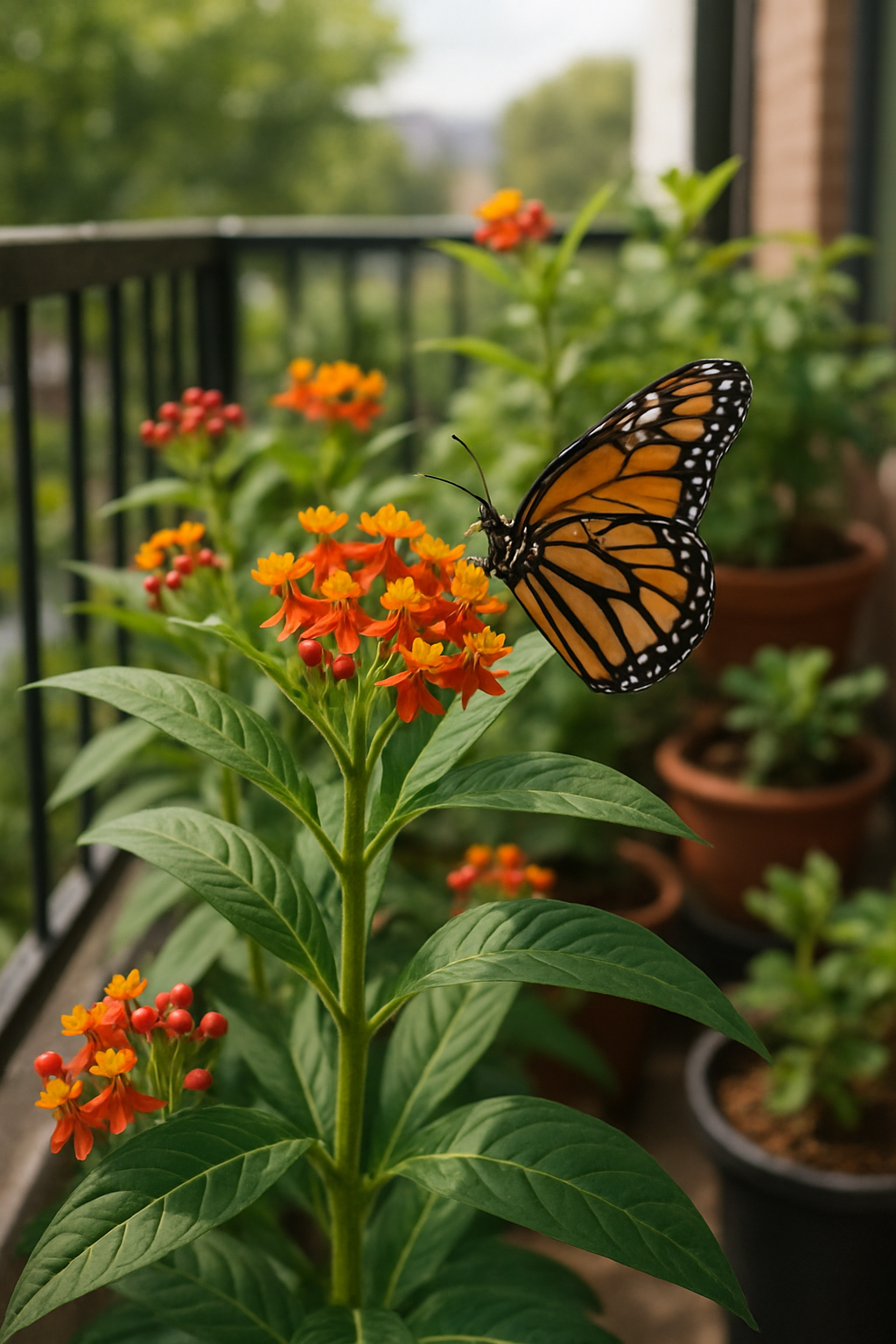 A monarch butterfly perched on bright orange milkweed flowers in a balcony garden.
