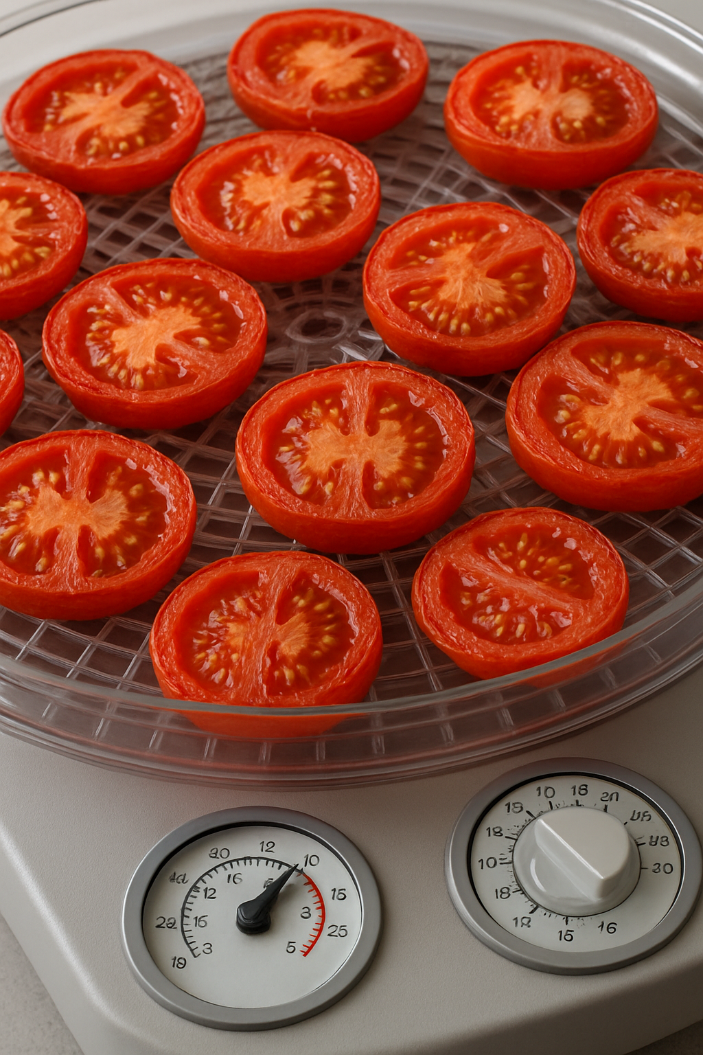 Sliced tomatoes on a dehydrator tray with a timer