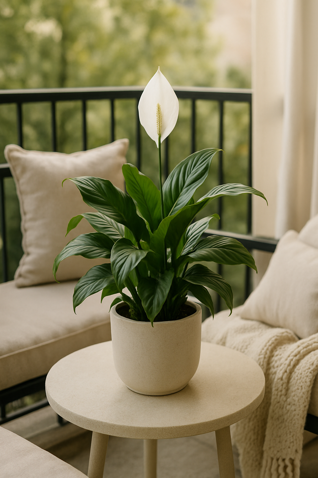 A Peace Lily plant with white blooms on a round table, surrounded by beige seating on a balcony.