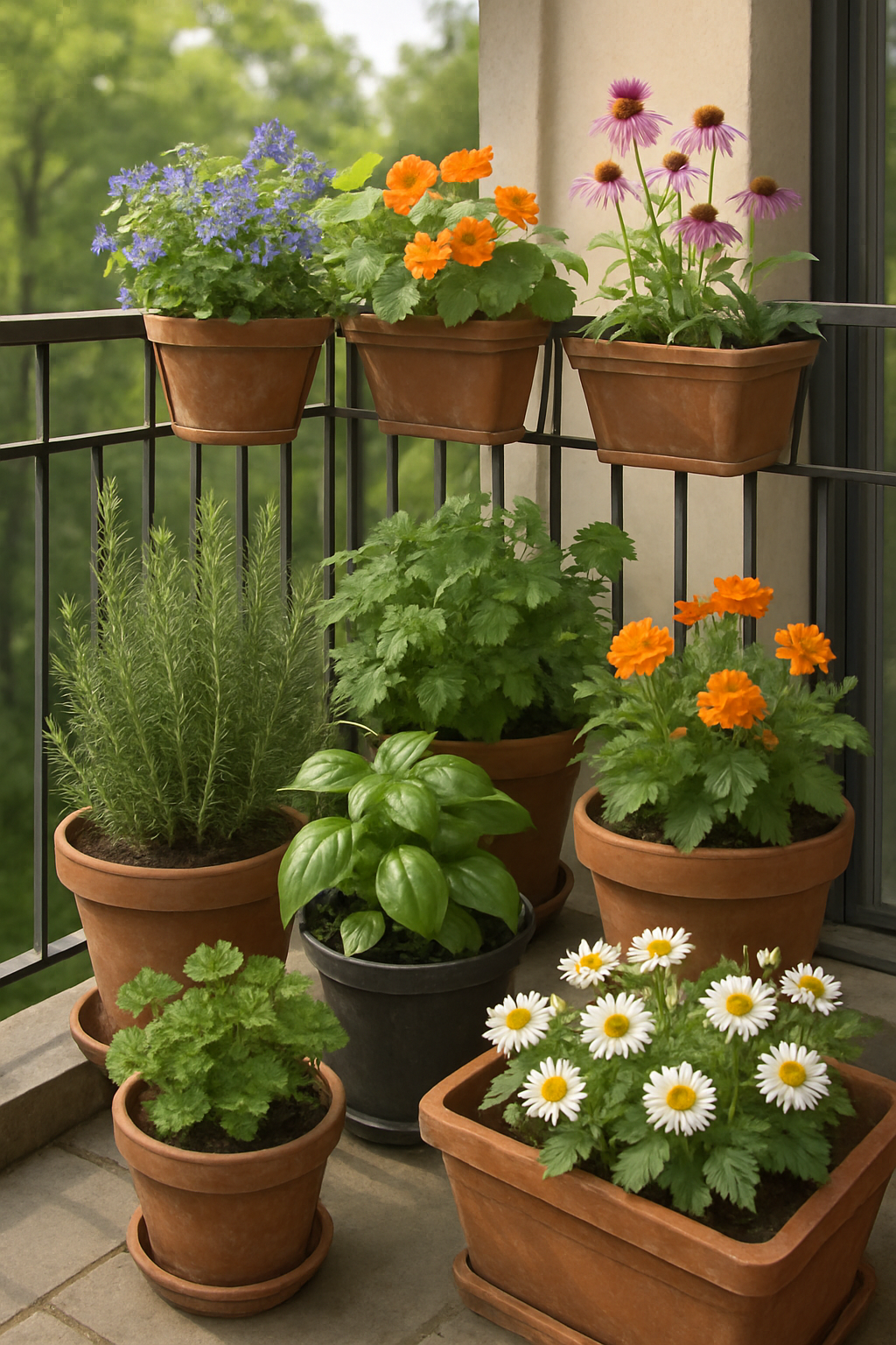 A vibrant balcony garden with various potted plants including flowers and herbs.