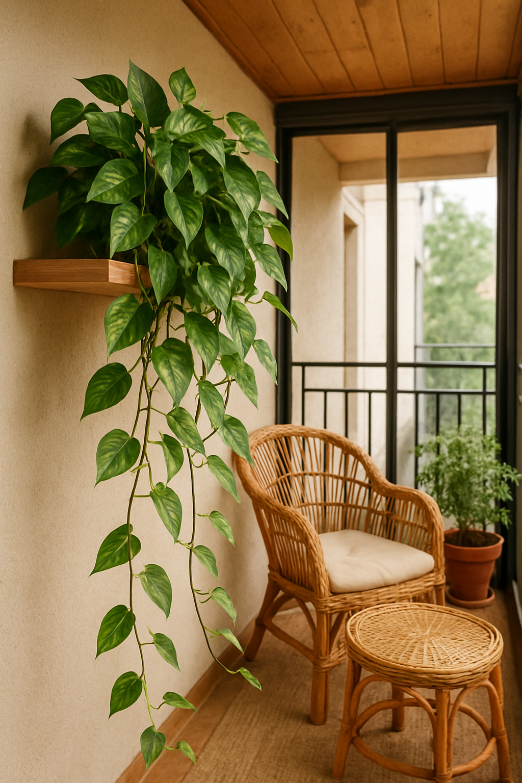 A lush pothos plant trailing down from a shelf in a cozy balcony setting with rattan furniture.
