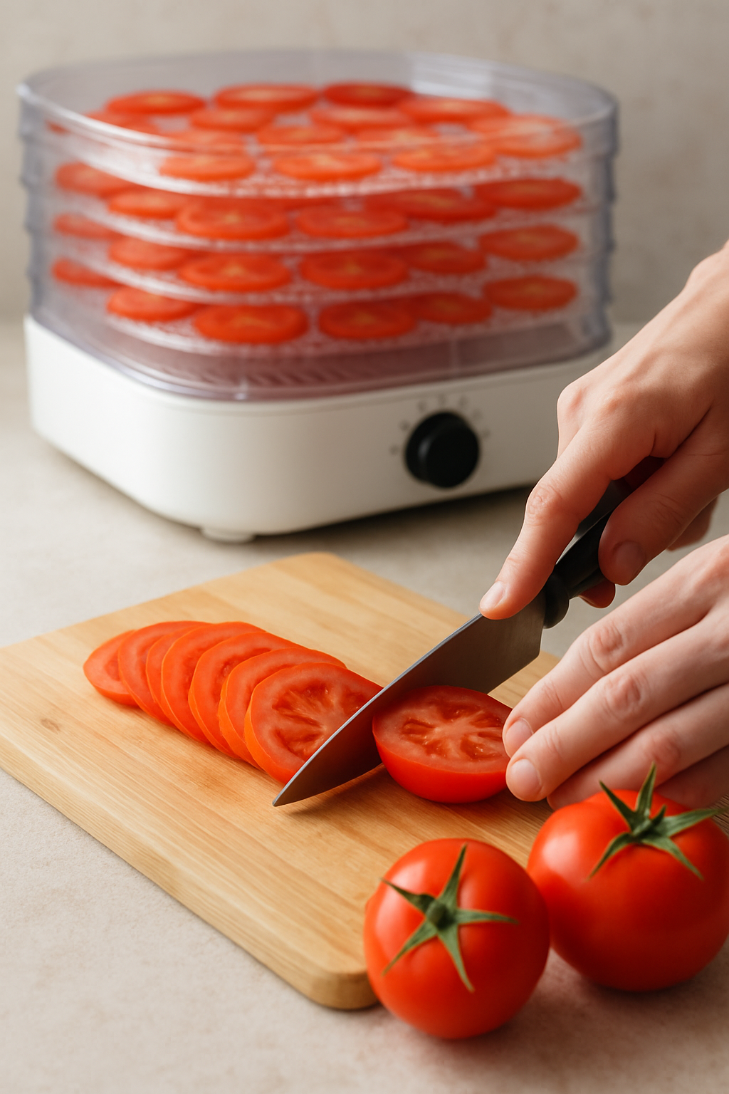 A person slicing fresh tomatoes on a wooden cutting board with a dehydrator in the background.