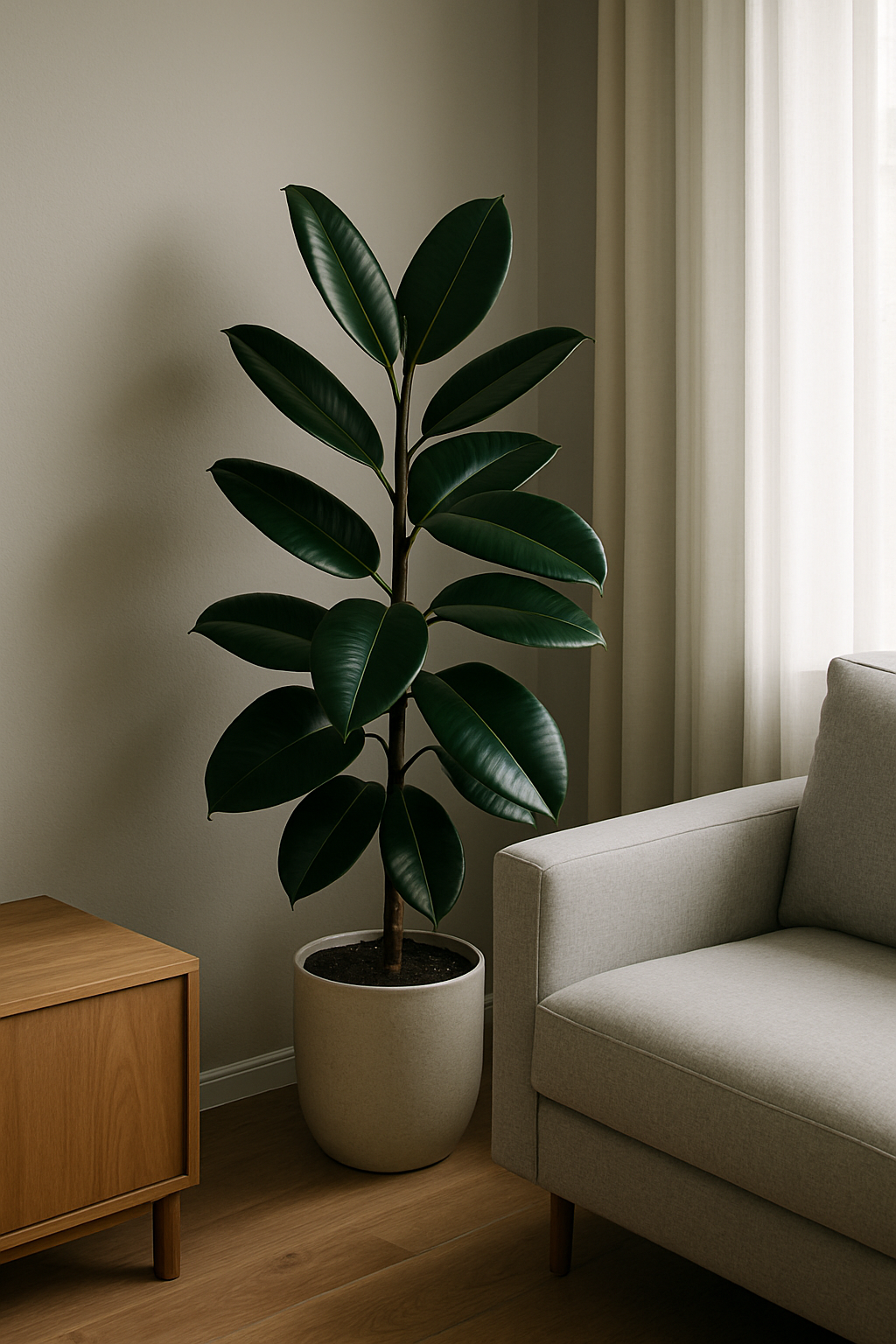A rubber plant with glossy leaves next to a light gray sofa and wooden side table in a modern living room.