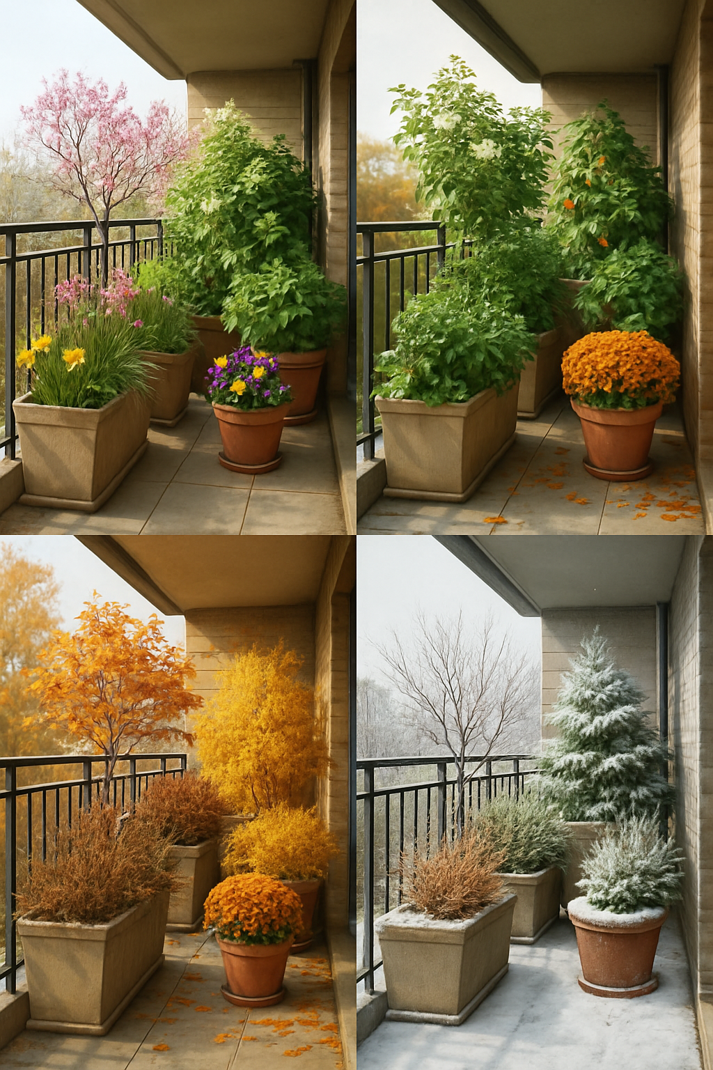 A balcony garden showcasing seasonal changes with vibrant flowers in spring, lush greenery in summer, warm autumn colors, and winter evergreens.