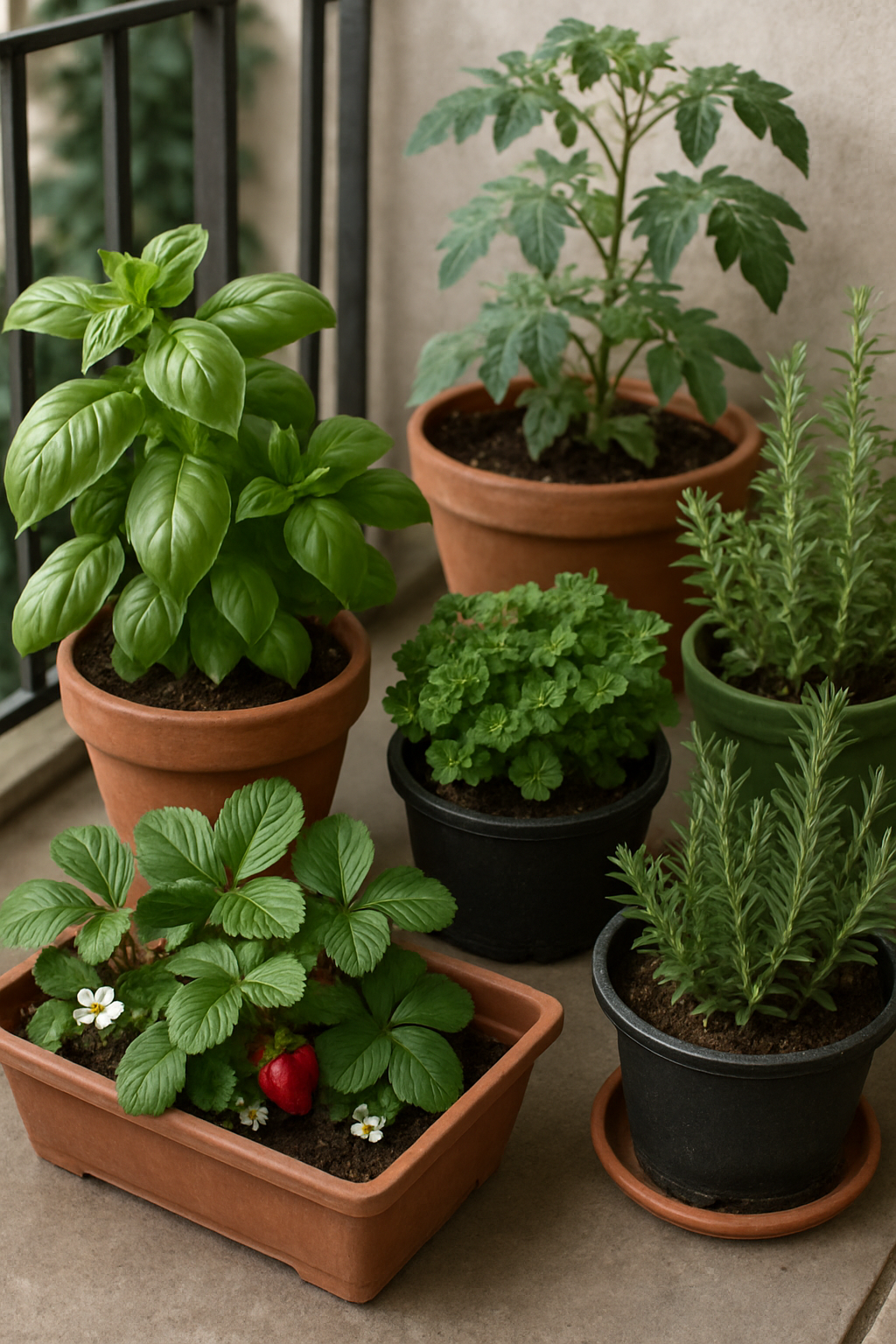 A collection of potted plants on a balcony, including basil, tomato, strawberry, and rosemary.