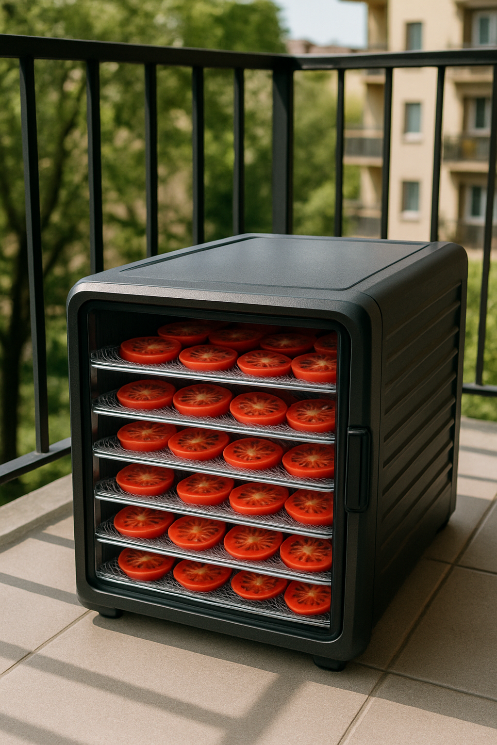 A dehydrator filled with sliced tomatoes on a balcony.