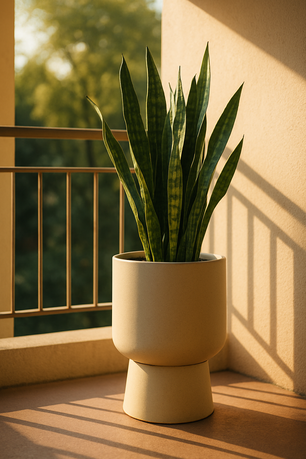 A snake plant in a modern pot on a balcony, with sunlight casting shadows on the floor.