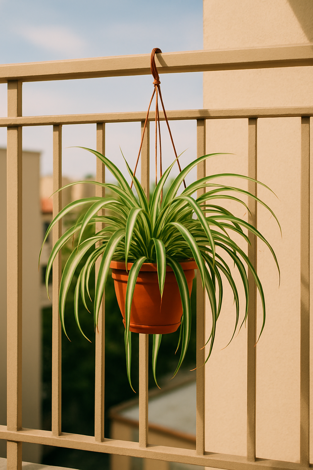 A vibrant spider plant hanging in a terracotta pot on a balcony railing.