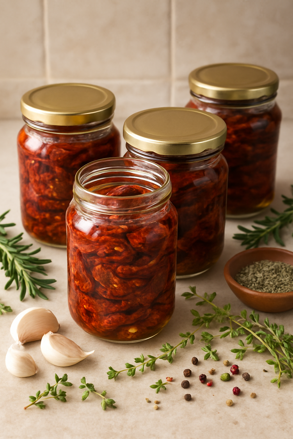 Jars filled with sun-dried tomatoes, garlic, and herbs on a countertop.