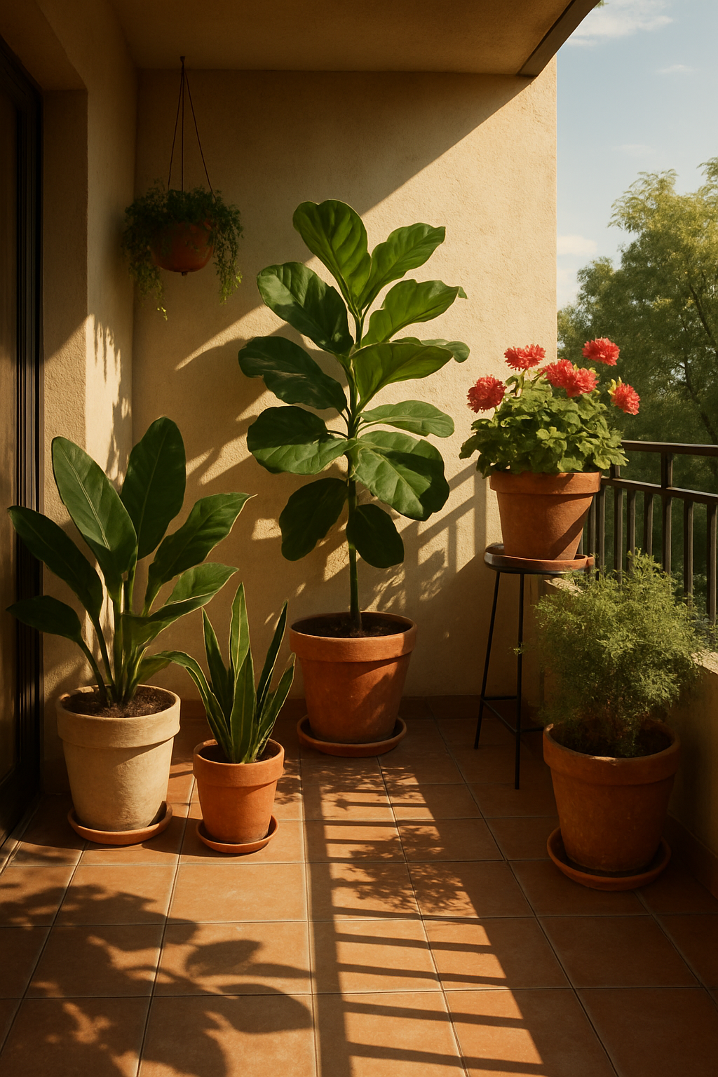 A sunny balcony garden with various potted plants including a Fiddle Leaf Fig and Geraniums.