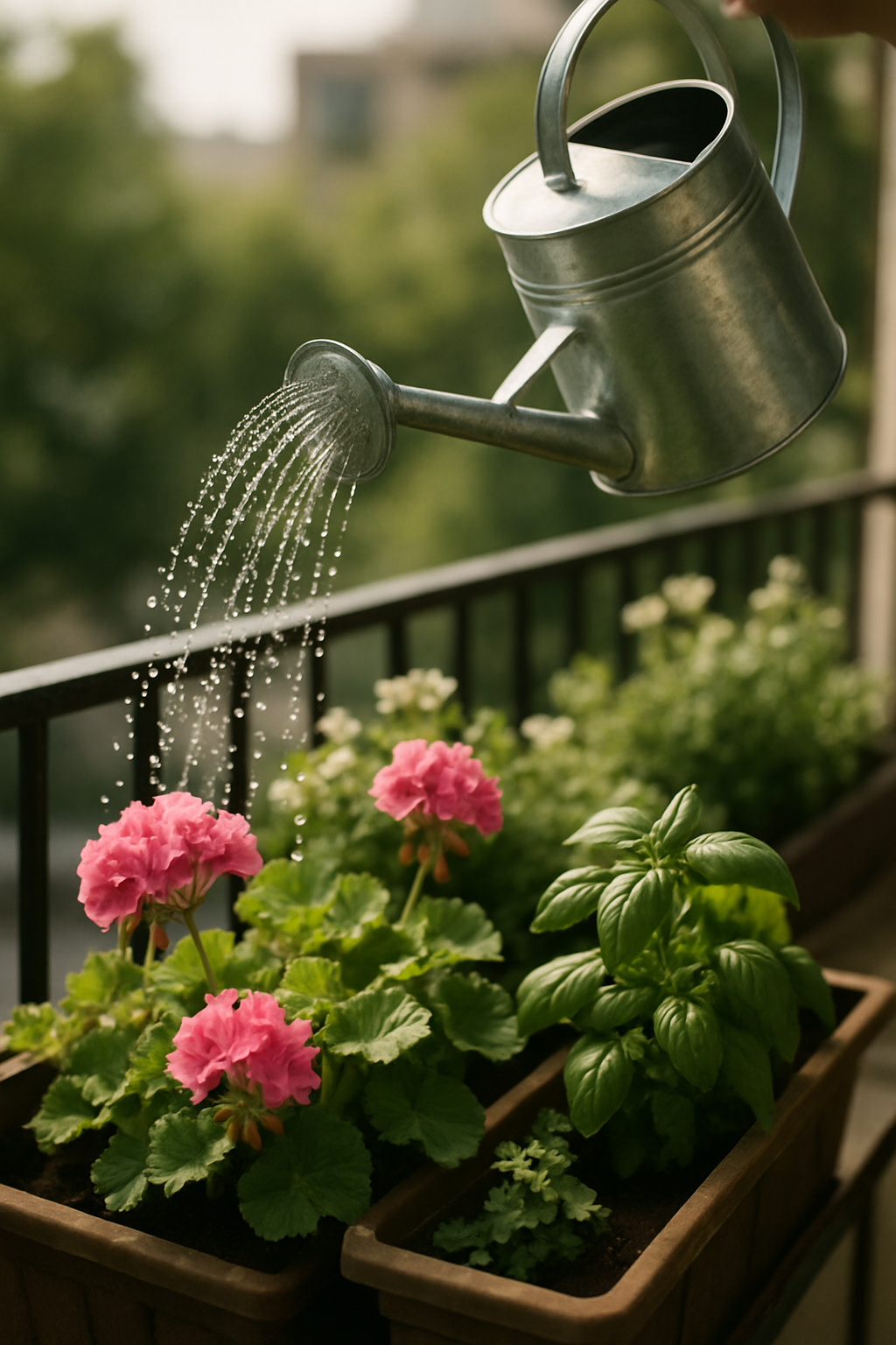 A person watering pink geraniums and basil on a balcony garden.