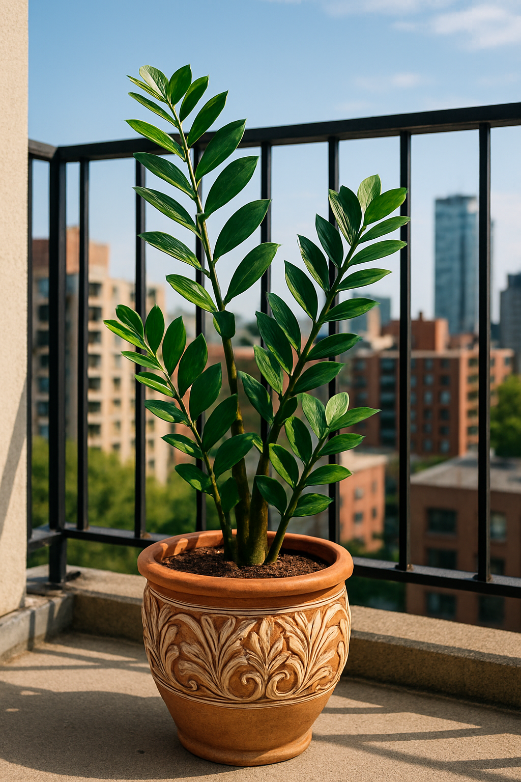 A ZZ plant in a terracotta pot on a balcony with a city skyline in the background.