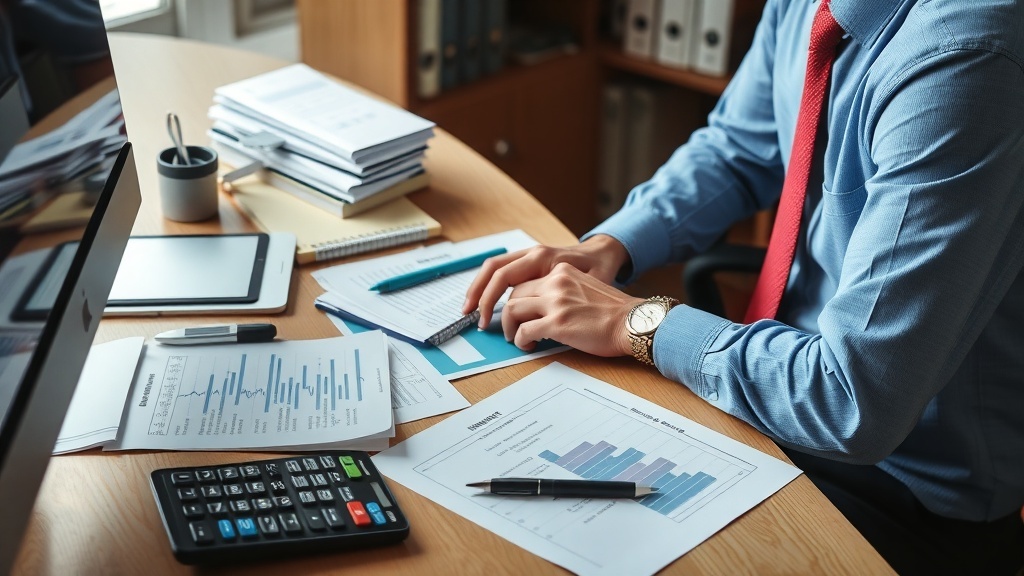 An accountant working at a desk with financial documents and a calculator.