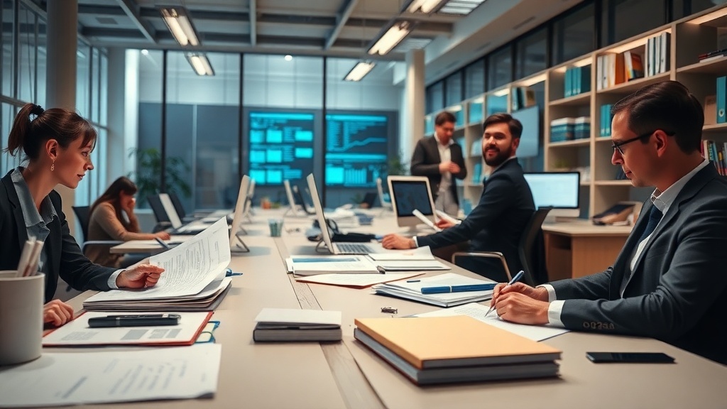 A busy accounting office with professionals working at desks, analyzing data and collaborating.