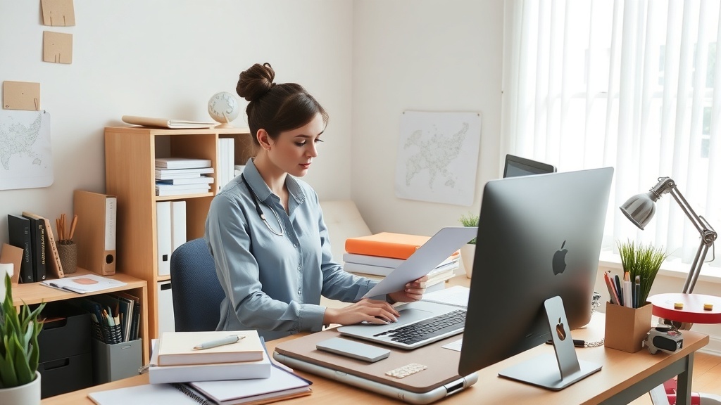 A focused woman working as an administrative assistant at a desk with a computer and documents.