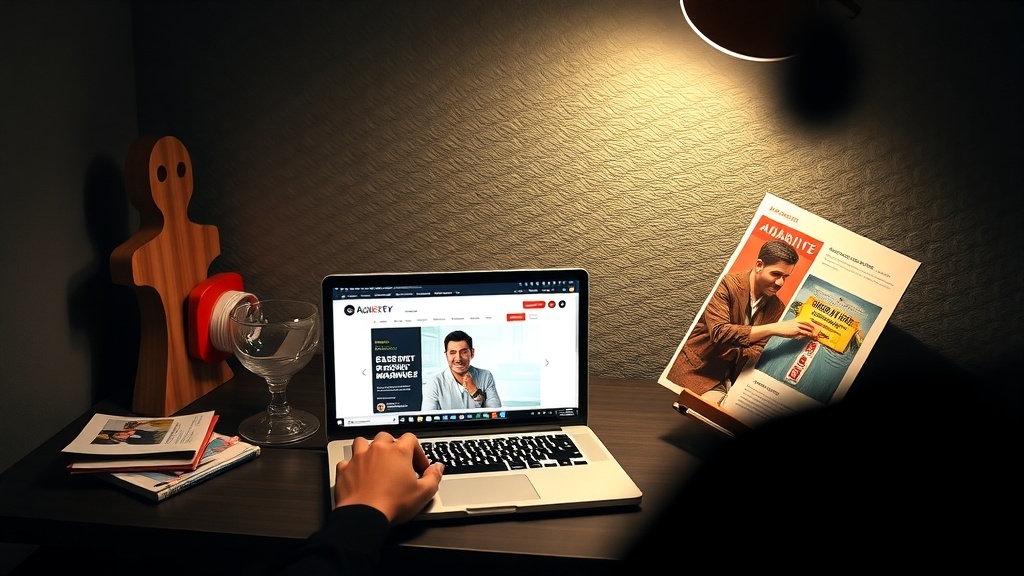 A cozy workspace with a laptop showing an affiliate marketing website, a glass, and some notes.