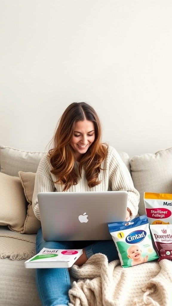A woman working on a laptop with family products around her.