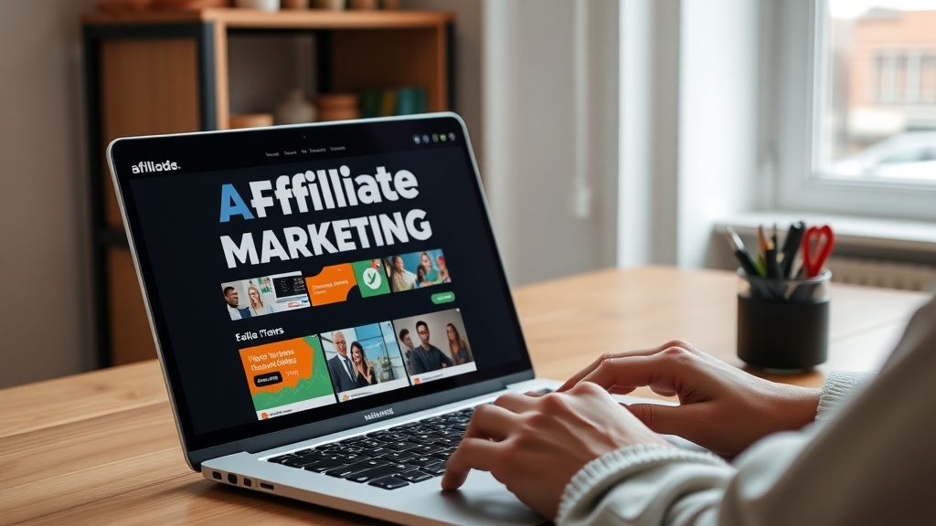A laptop displaying the words 'Affiliate Marketing' on a website, with hands typing on the keyboard.