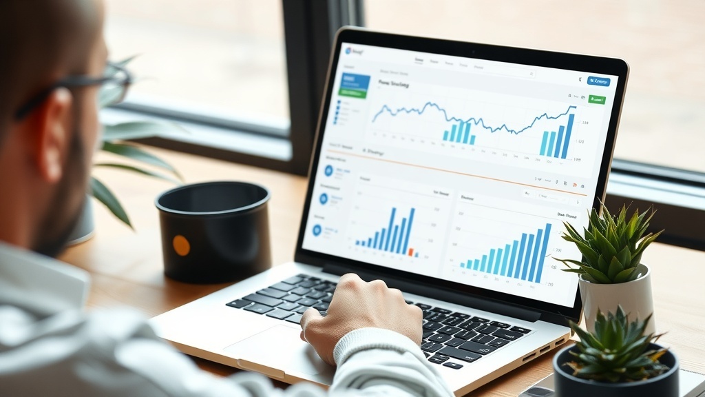 A person analyzing data on a laptop, showing graphs and statistics related to affiliate marketing.