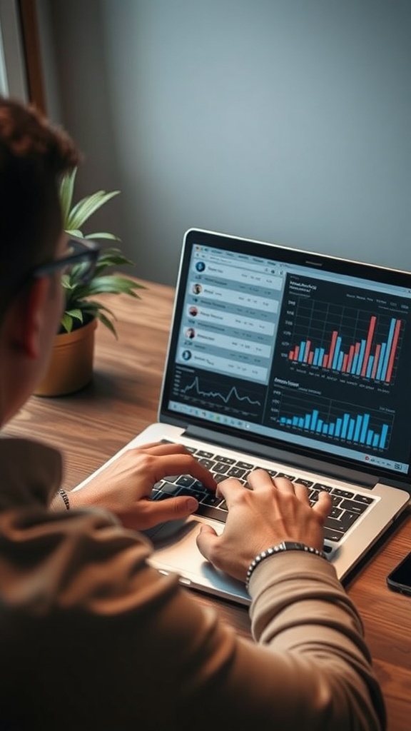 A person working on a laptop with graphs and data on the screen, focusing on affiliate marketing strategies.