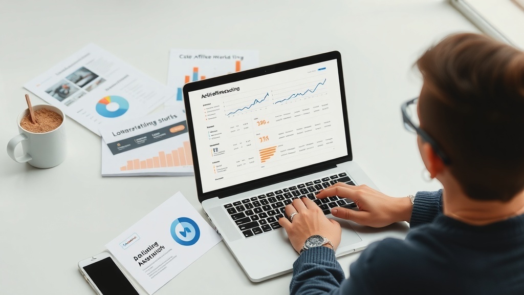 A person analyzing affiliate marketing data on a laptop with documents and a cup of coffee nearby.