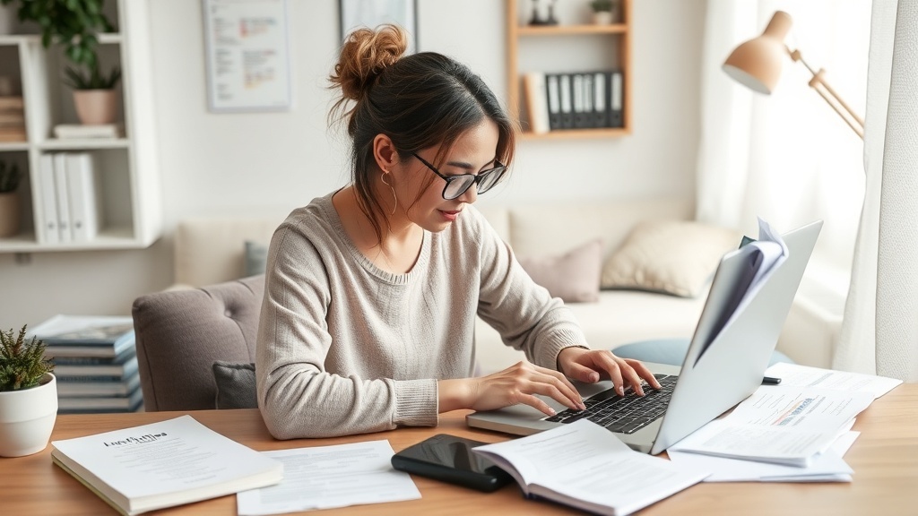 A woman working on her laptop in a cozy home office, surrounded by papers and a plant.