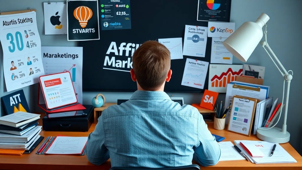 A person sitting at a desk focused on affiliate marketing materials, showcasing various marketing strategies and data.