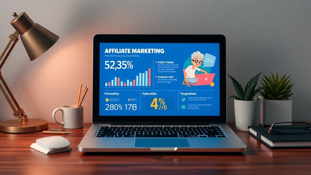 A laptop displaying affiliate marketing statistics and tips on a wooden desk with a lamp and plants.