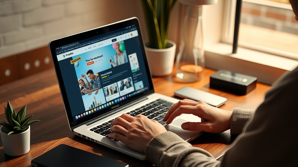 A person working on a laptop at a wooden desk with plants and a smartphone nearby.