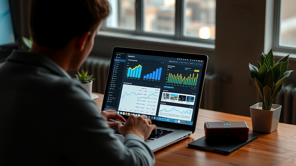 A person analyzing affiliate marketing data on a laptop, with graphs and charts displayed on the screen.