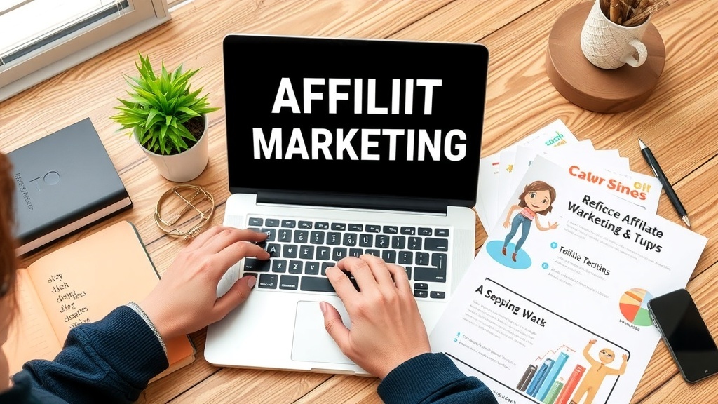 A laptop displaying 'AFFILIIIT MARKETING' with a cozy workspace and papers around.