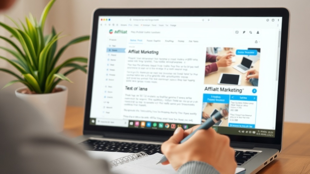 A person researching affiliate marketing on a laptop with a plant in the background.