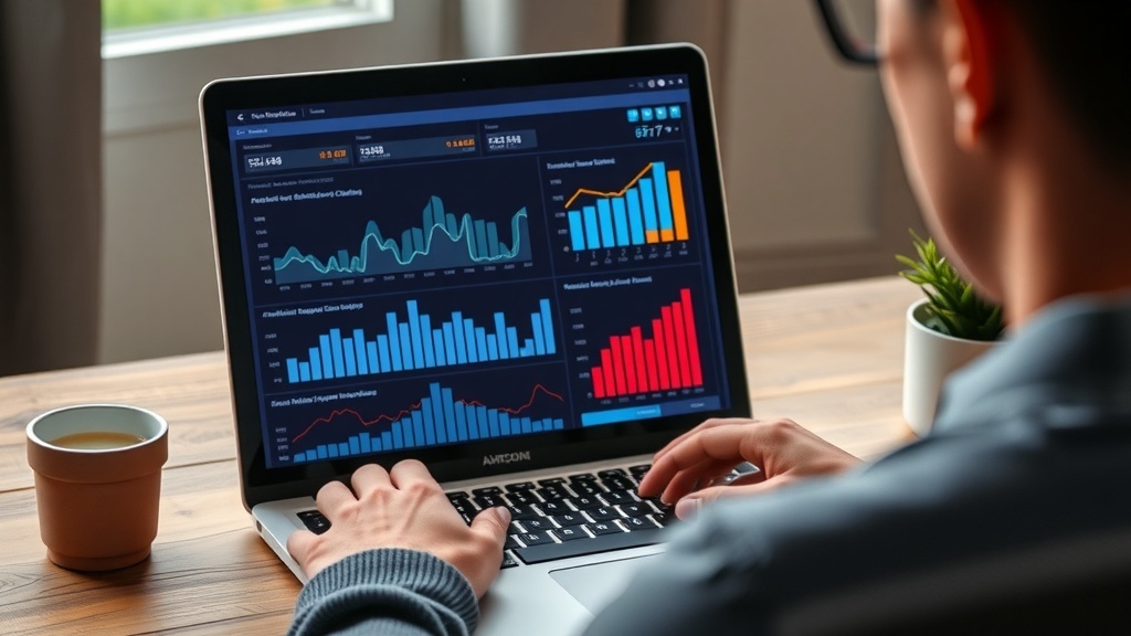 A person analyzing performance metrics on a laptop with colorful graphs and charts.