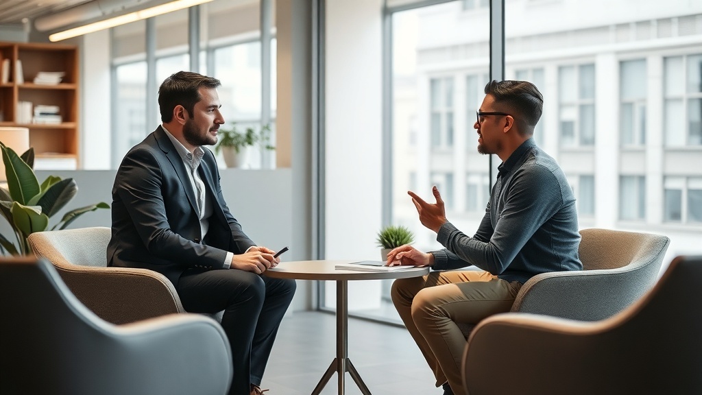 Two professionals discussing business ideas in a modern office setting.